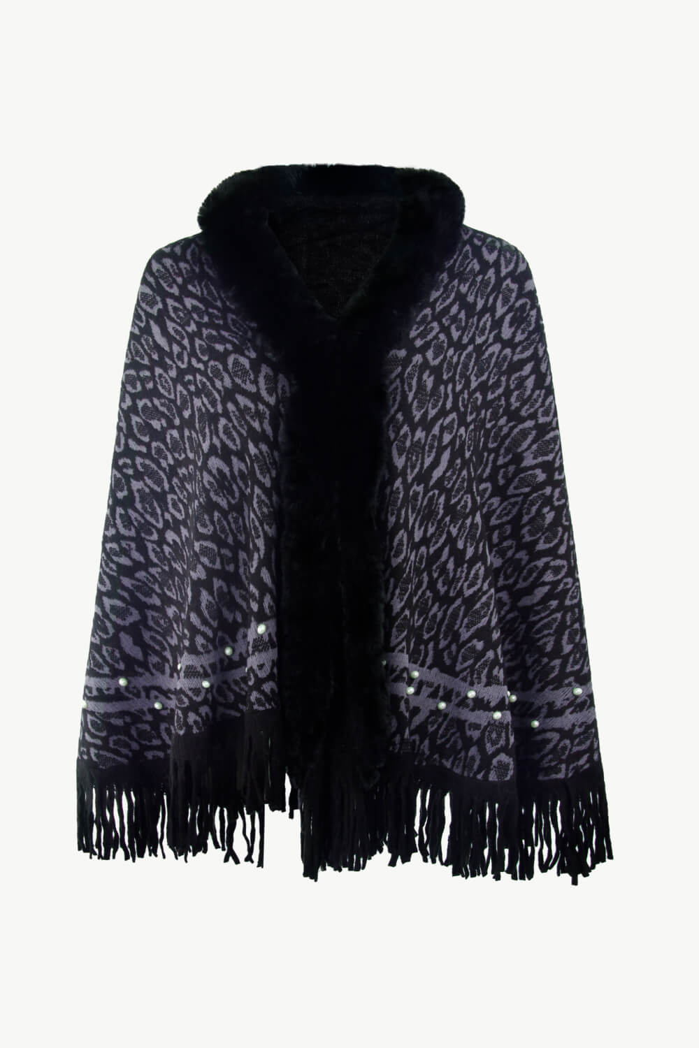 Leopard Faux Fur Trim Fringe Hem Poncho