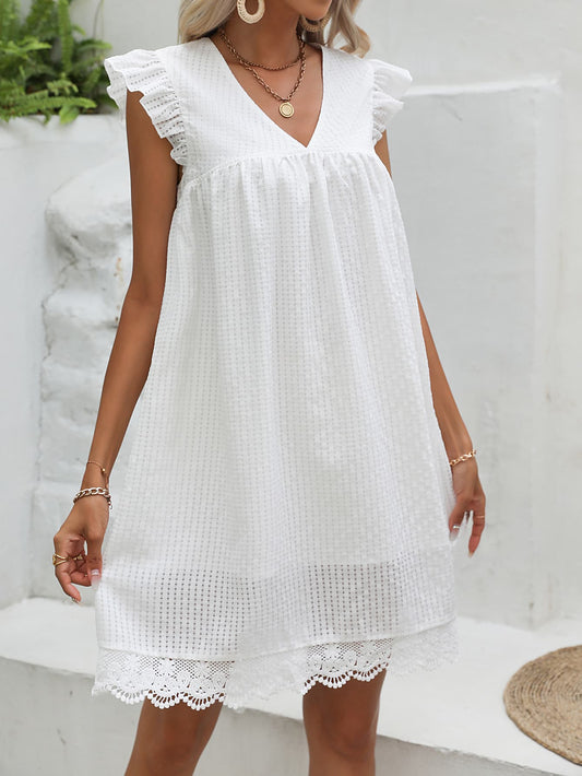 V-Neck Butterfly Sleeve Spliced Lace Dress