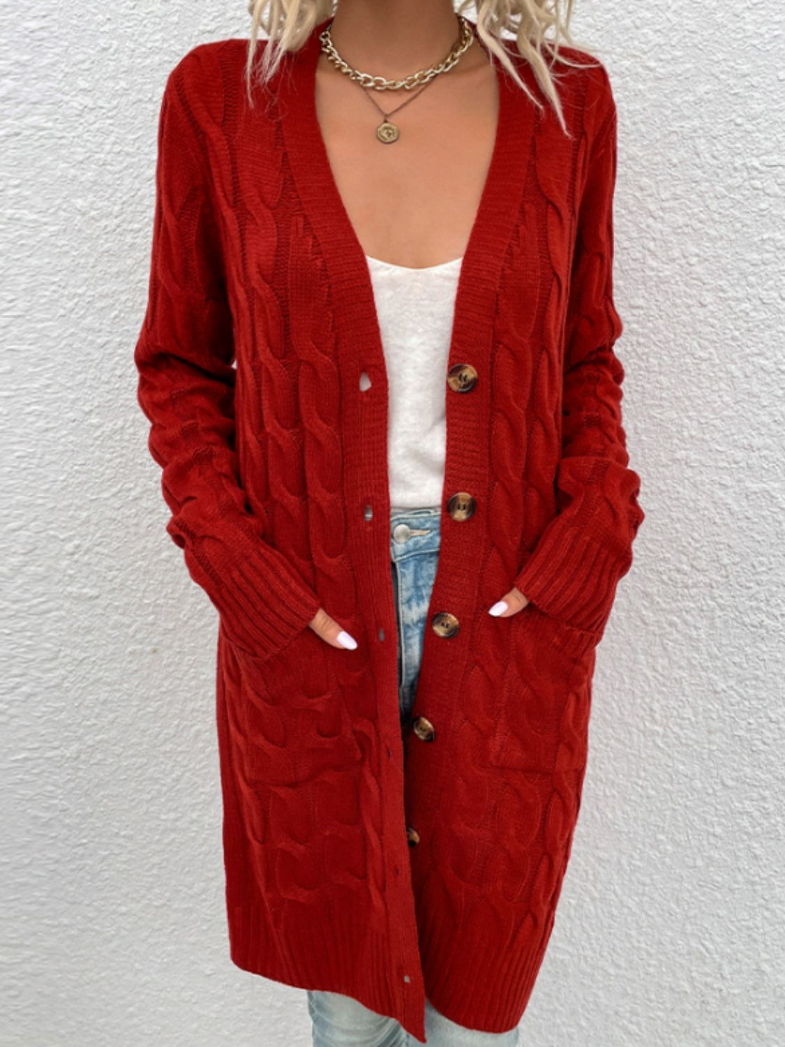 Cable-Knit Button Down Longline Cardigan with Pockets