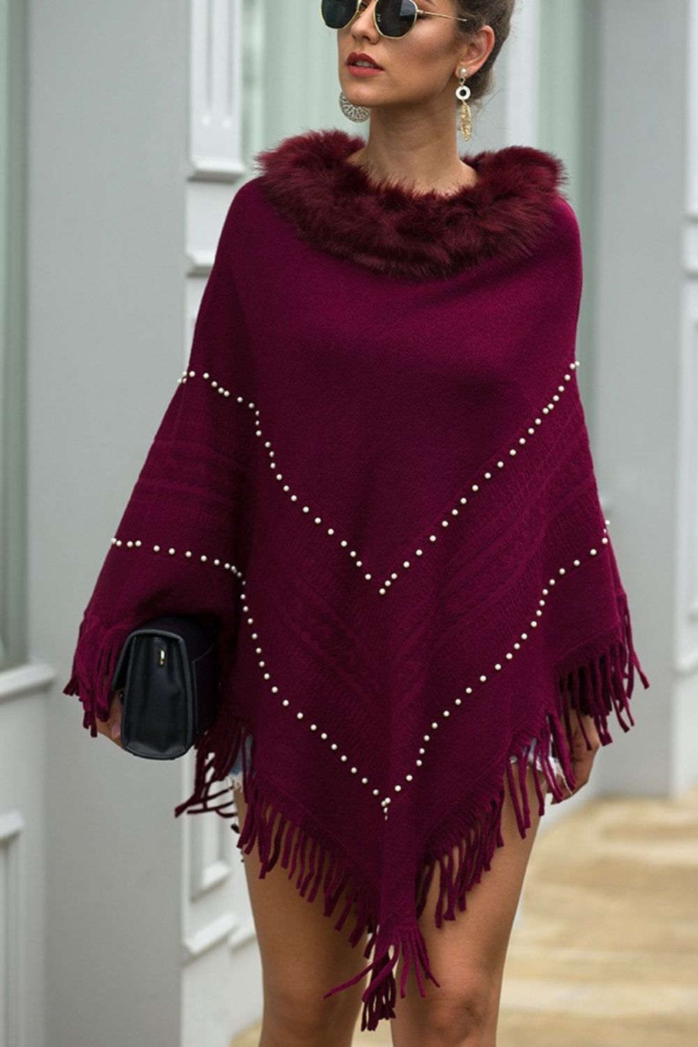 Faux Fur Trim Bead Fringe Hem Poncho