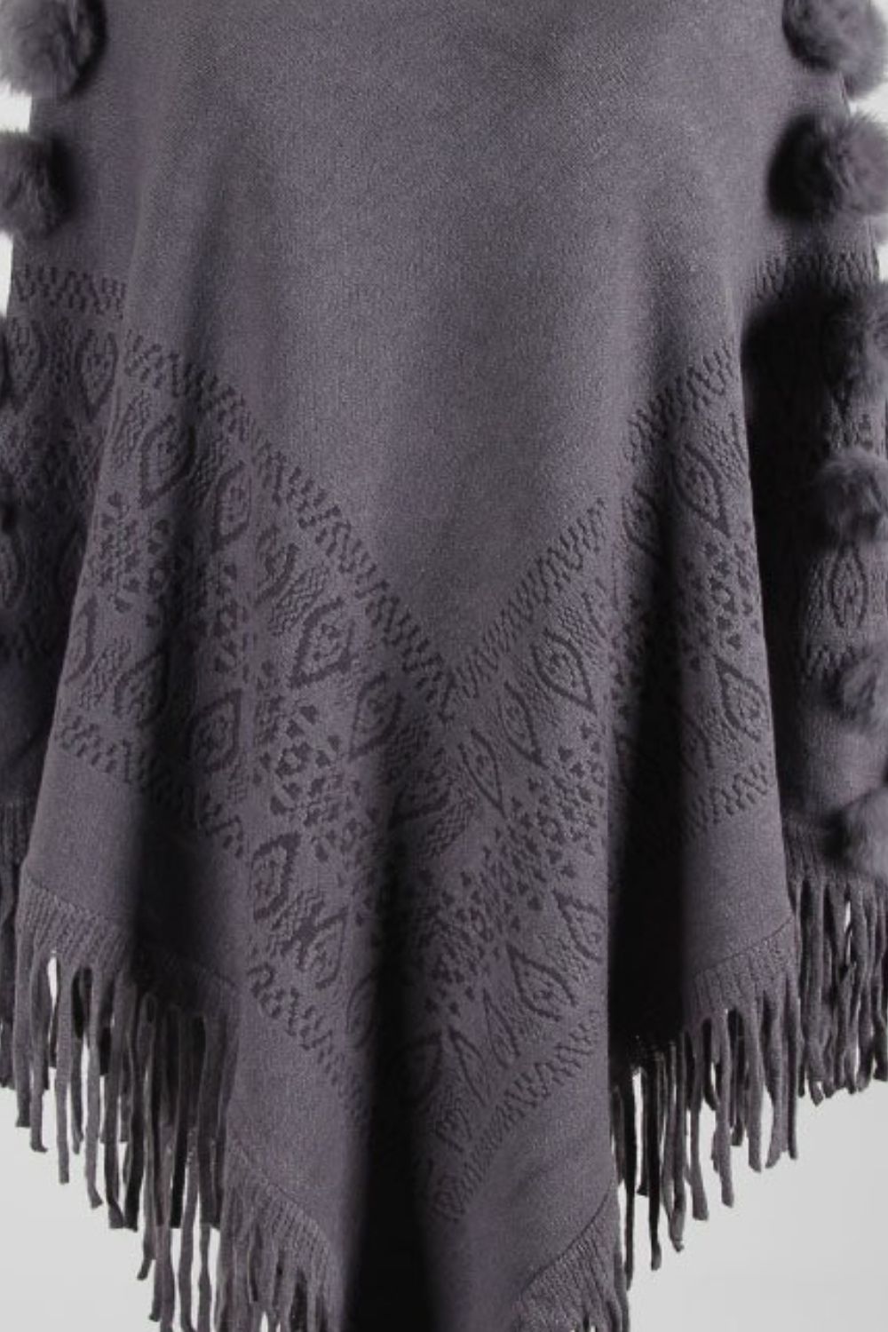 Pompom Trim Boat Neck Fringe Hem Poncho