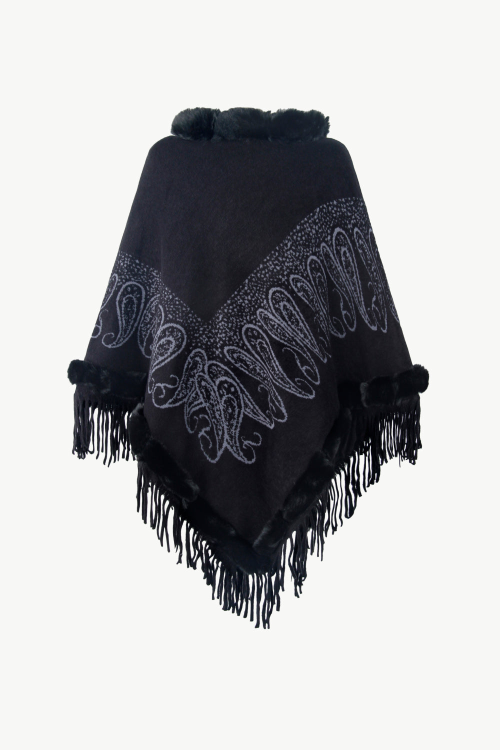 Paisley Faux Fur Trim Fringe Hem Poncho