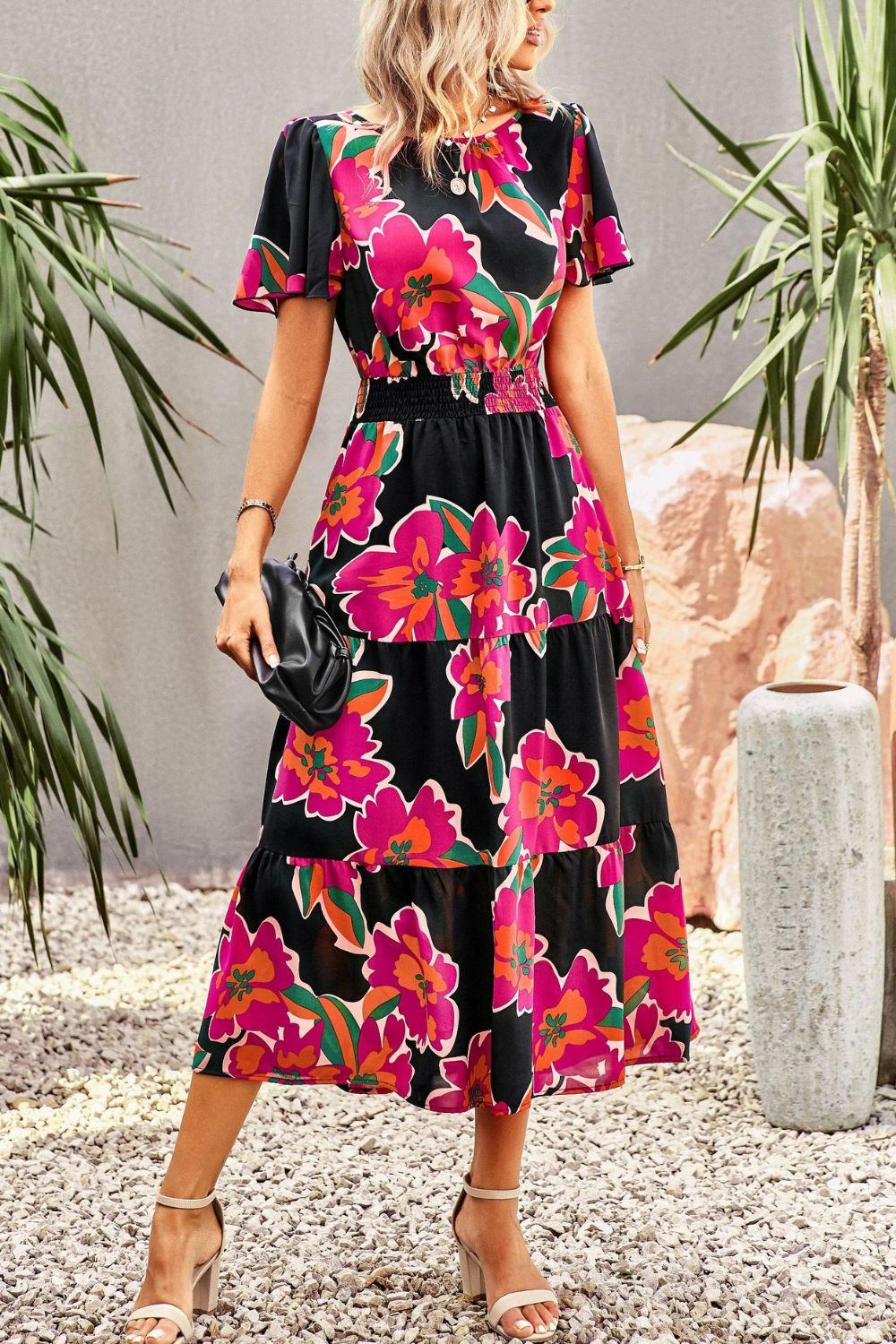 Floral Puff Sleeve Tiered Midi Dress