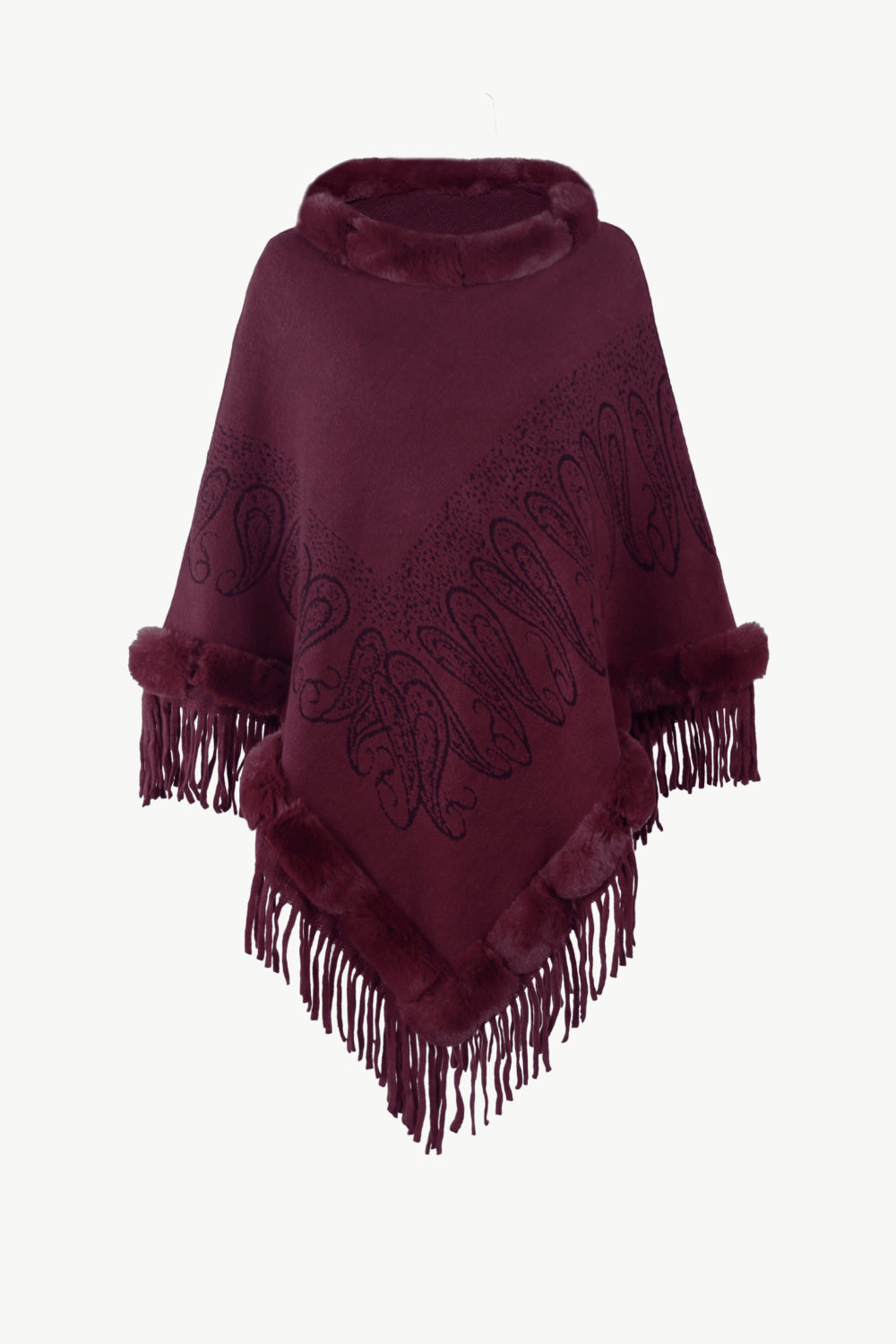 Paisley Faux Fur Trim Fringe Hem Poncho