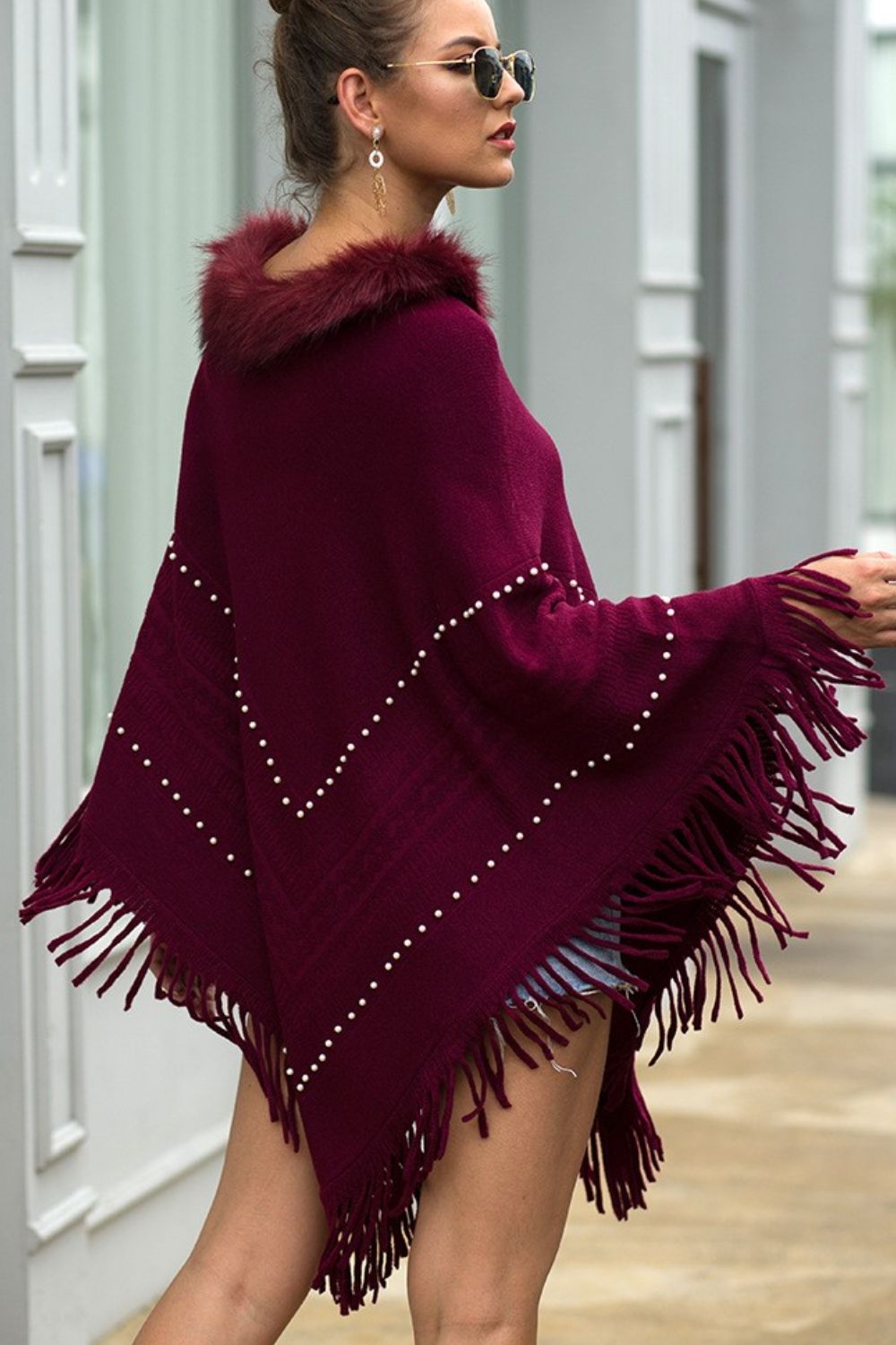 Faux Fur Trim Bead Fringe Hem Poncho