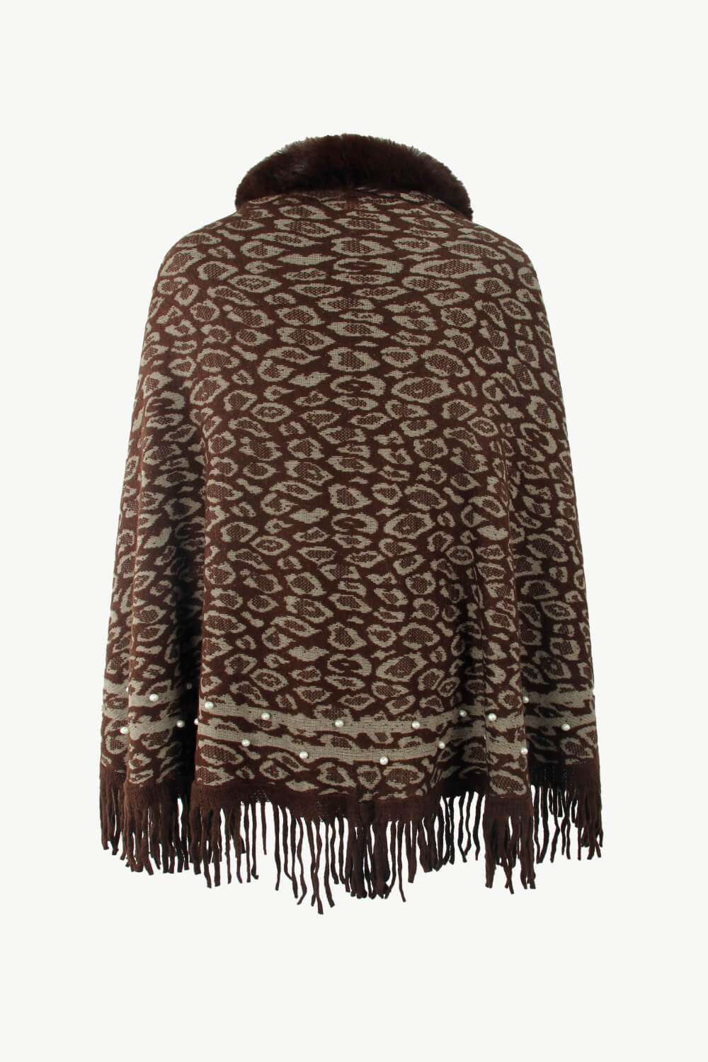 Leopard Faux Fur Trim Fringe Hem Poncho