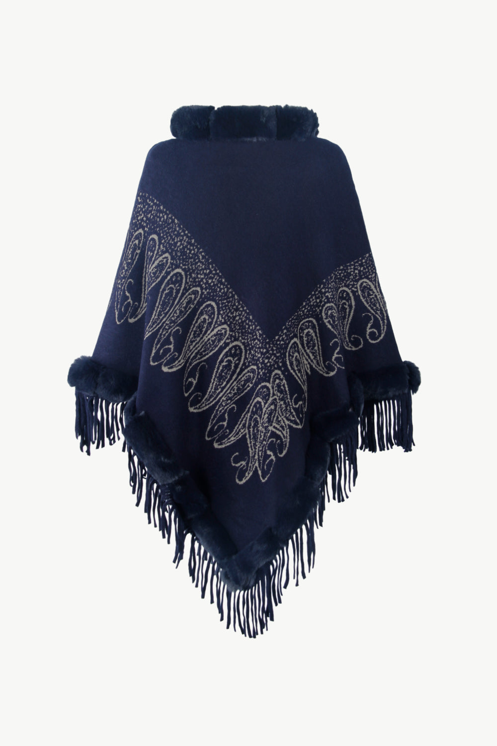 Paisley Faux Fur Trim Fringe Hem Poncho