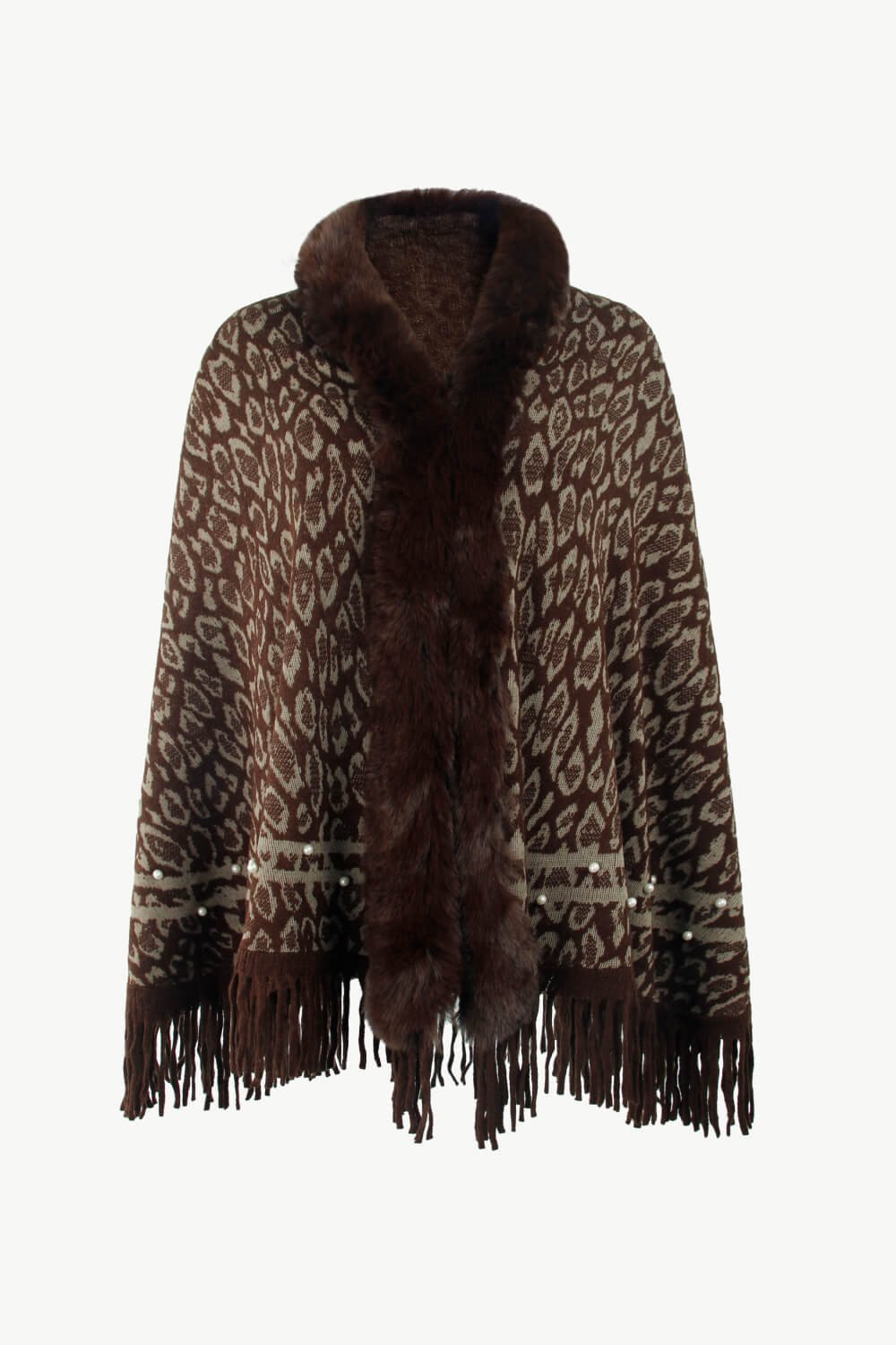 Leopard Faux Fur Trim Fringe Hem Poncho