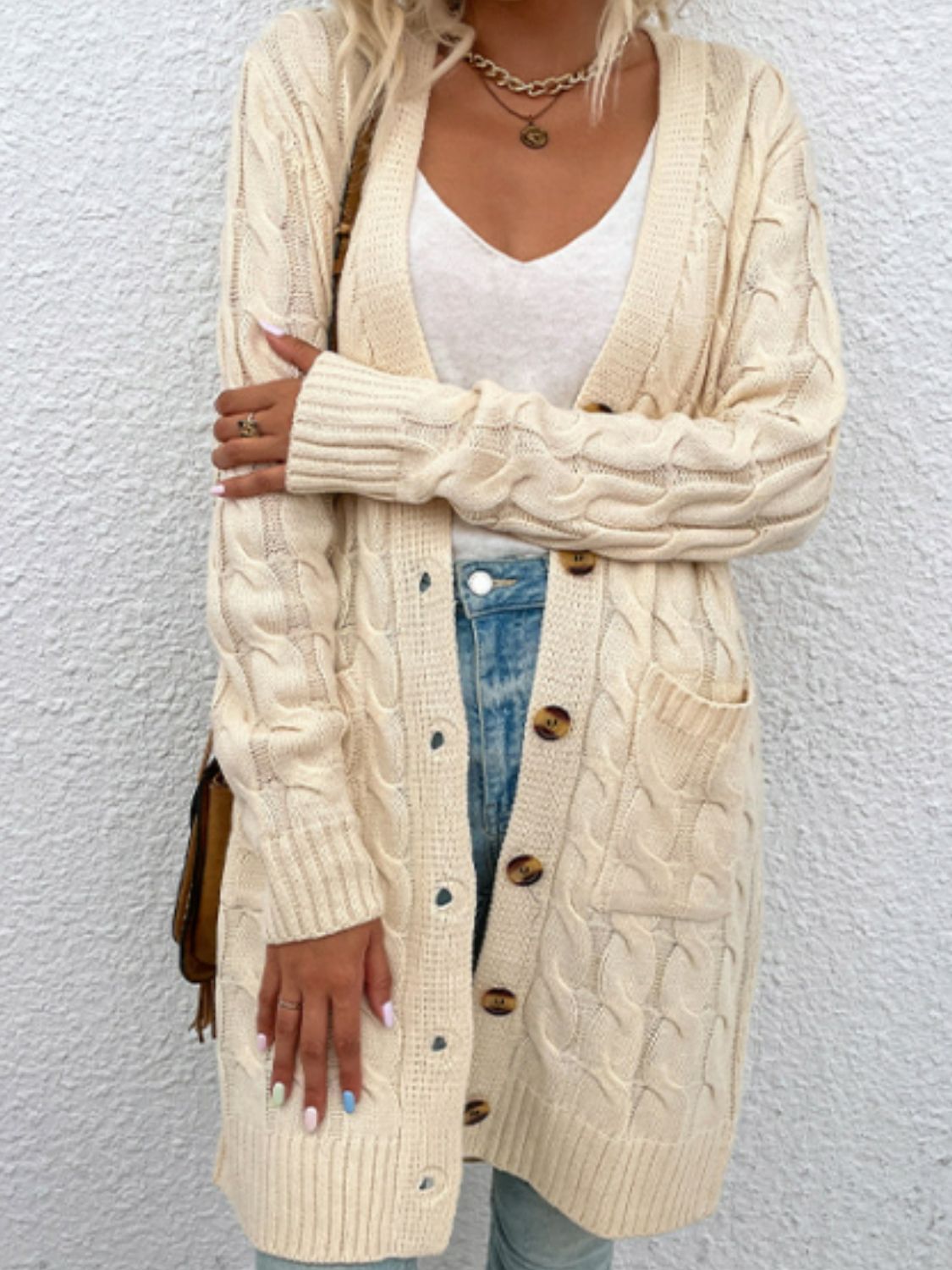 Cable-Knit Button Down Longline Cardigan with Pockets