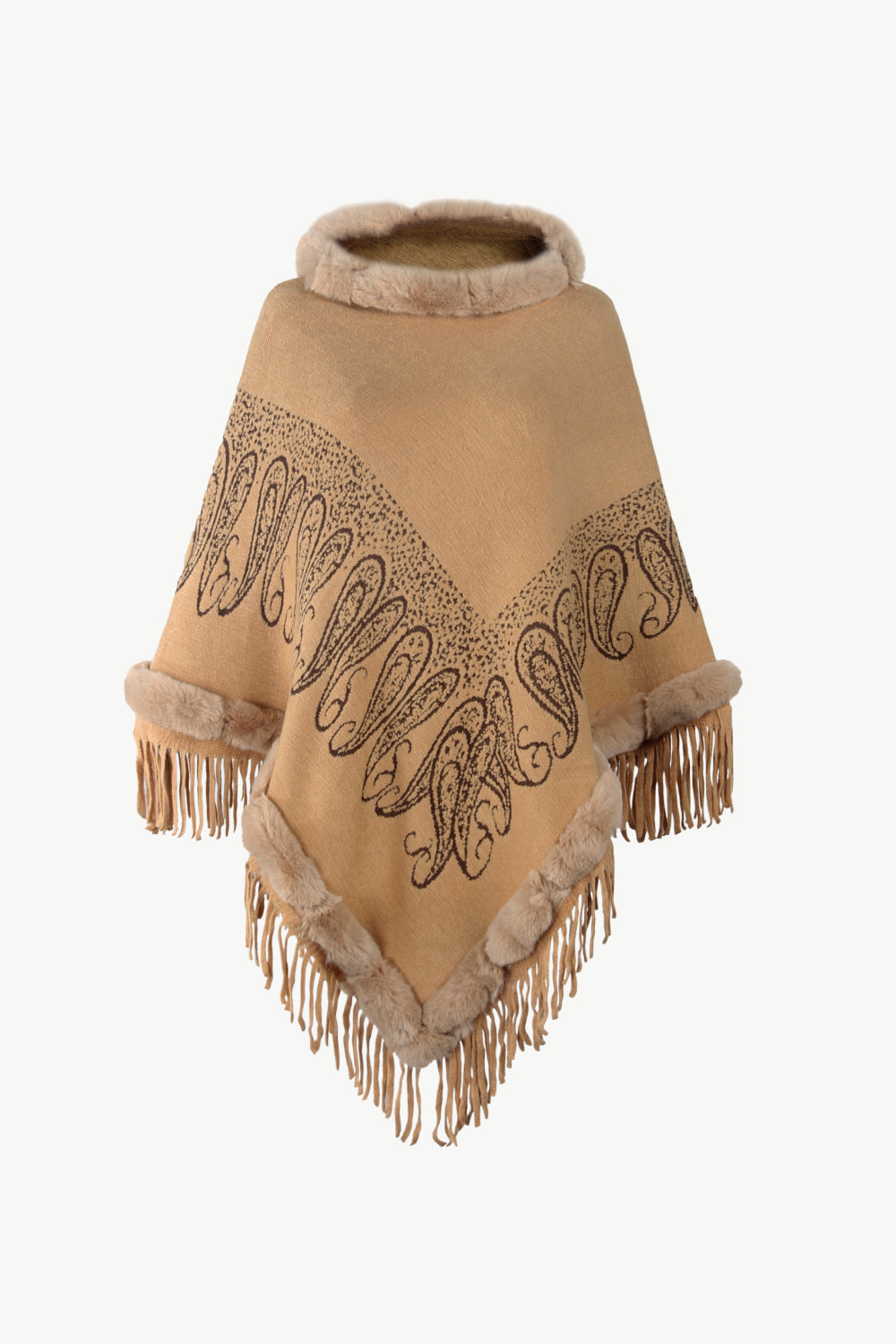 Paisley Faux Fur Trim Fringe Hem Poncho