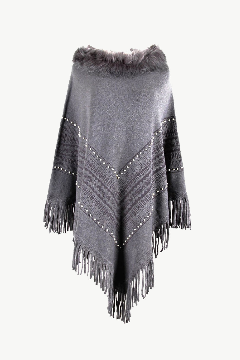 Faux Fur Trim Bead Fringe Hem Poncho