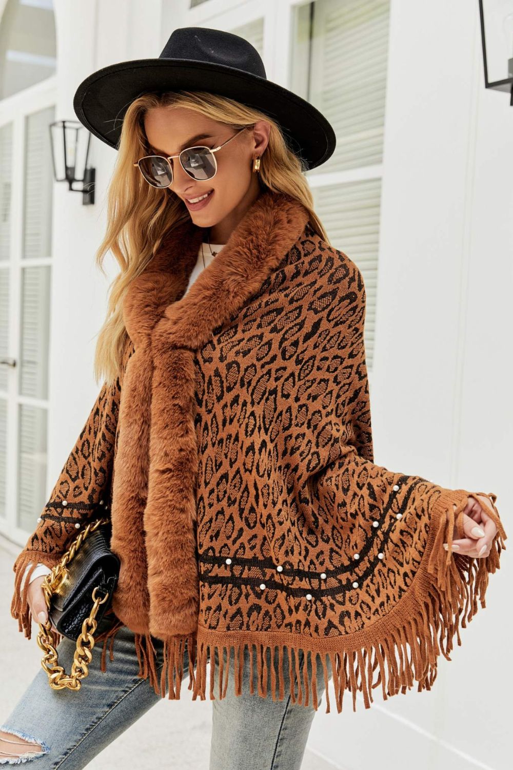 Leopard Faux Fur Trim Fringe Hem Poncho