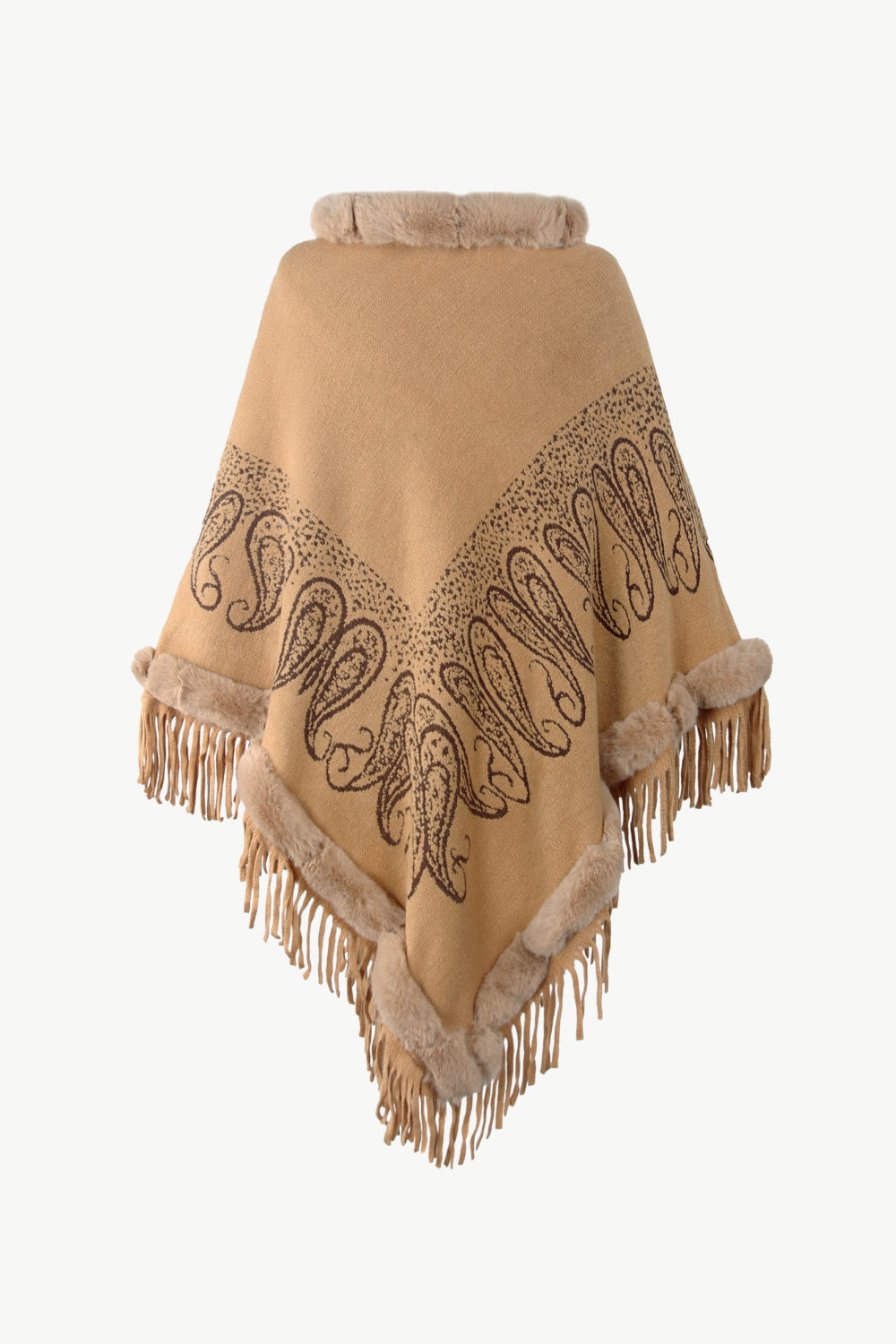 Paisley Faux Fur Trim Fringe Hem Poncho