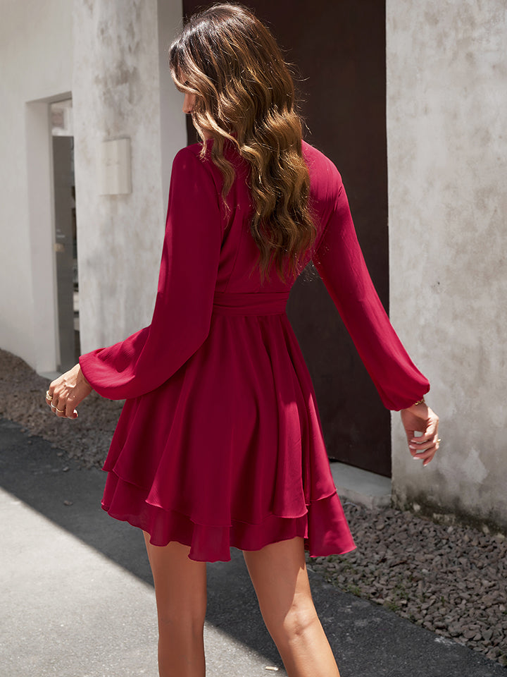 Surplice Neck Tie Waist Long Sleeve Dress