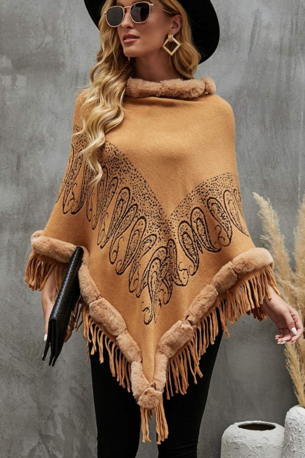 Paisley Faux Fur Trim Fringe Hem Poncho