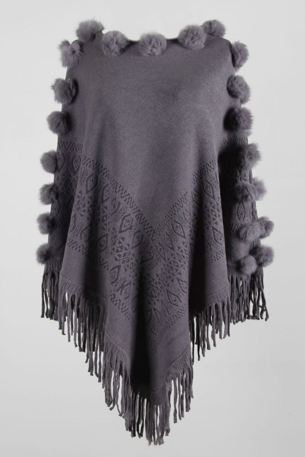 Pompom Trim Boat Neck Fringe Hem Poncho