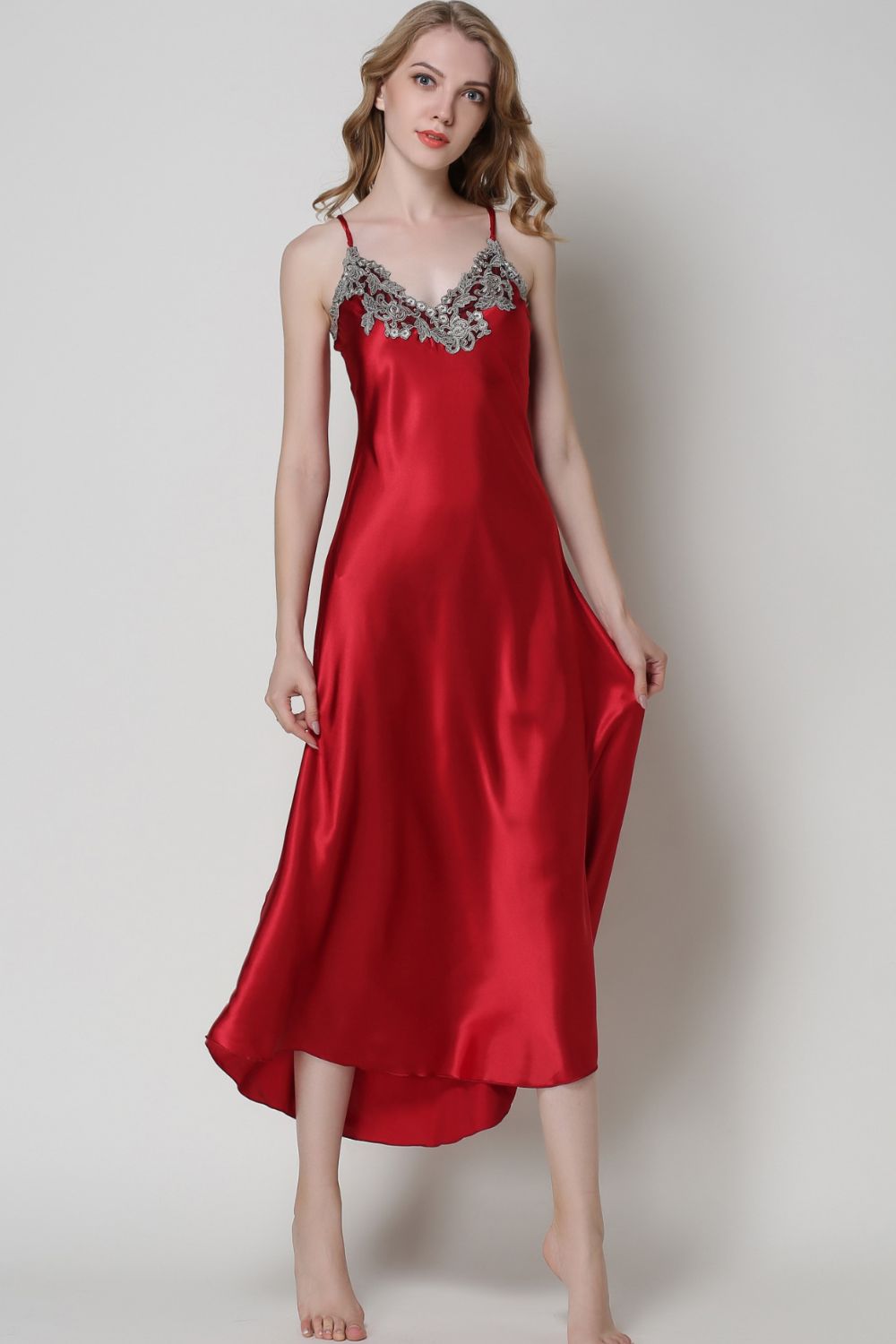 Full Size Lace Trim V-Neck Spaghetti Strap Satin Night Dress