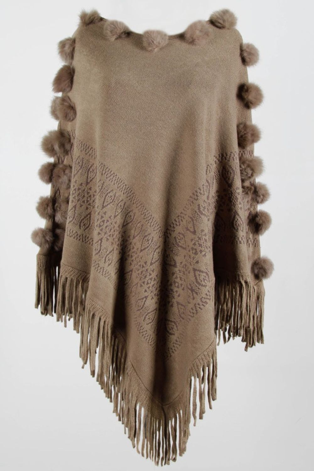 Pompom Trim Boat Neck Fringe Hem Poncho