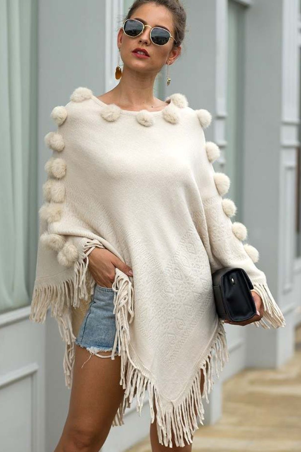 Pompom Trim Boat Neck Fringe Hem Poncho