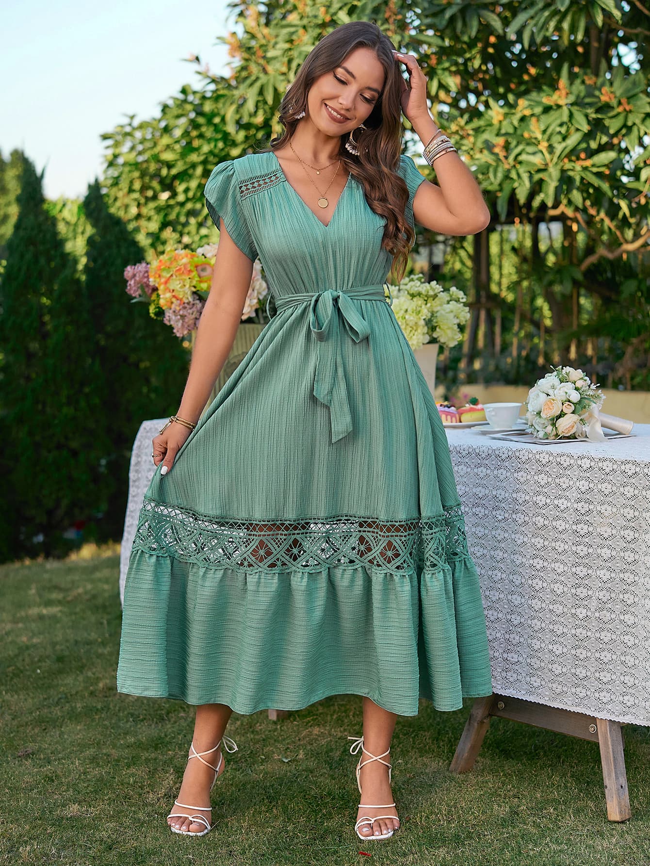 V-Neck Tie Belt Petal Sleeve Dress