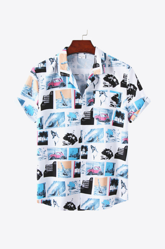 Full Size Printed Button-Up Short Sleeve Shirt