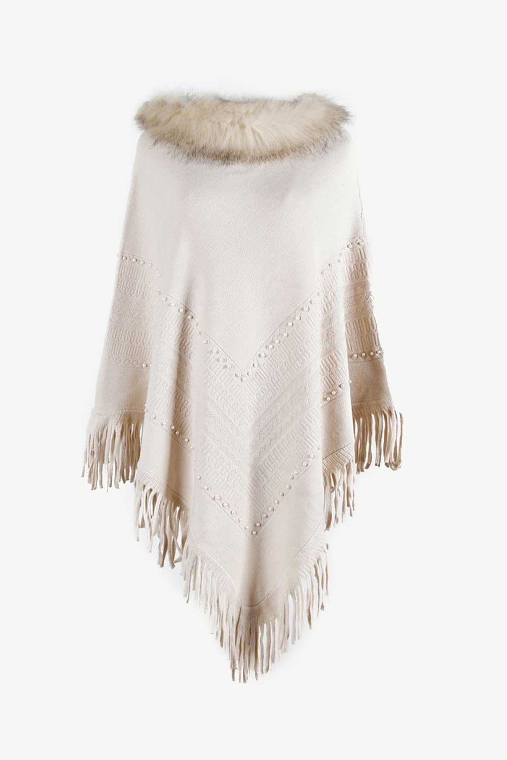 Faux Fur Trim Bead Fringe Hem Poncho