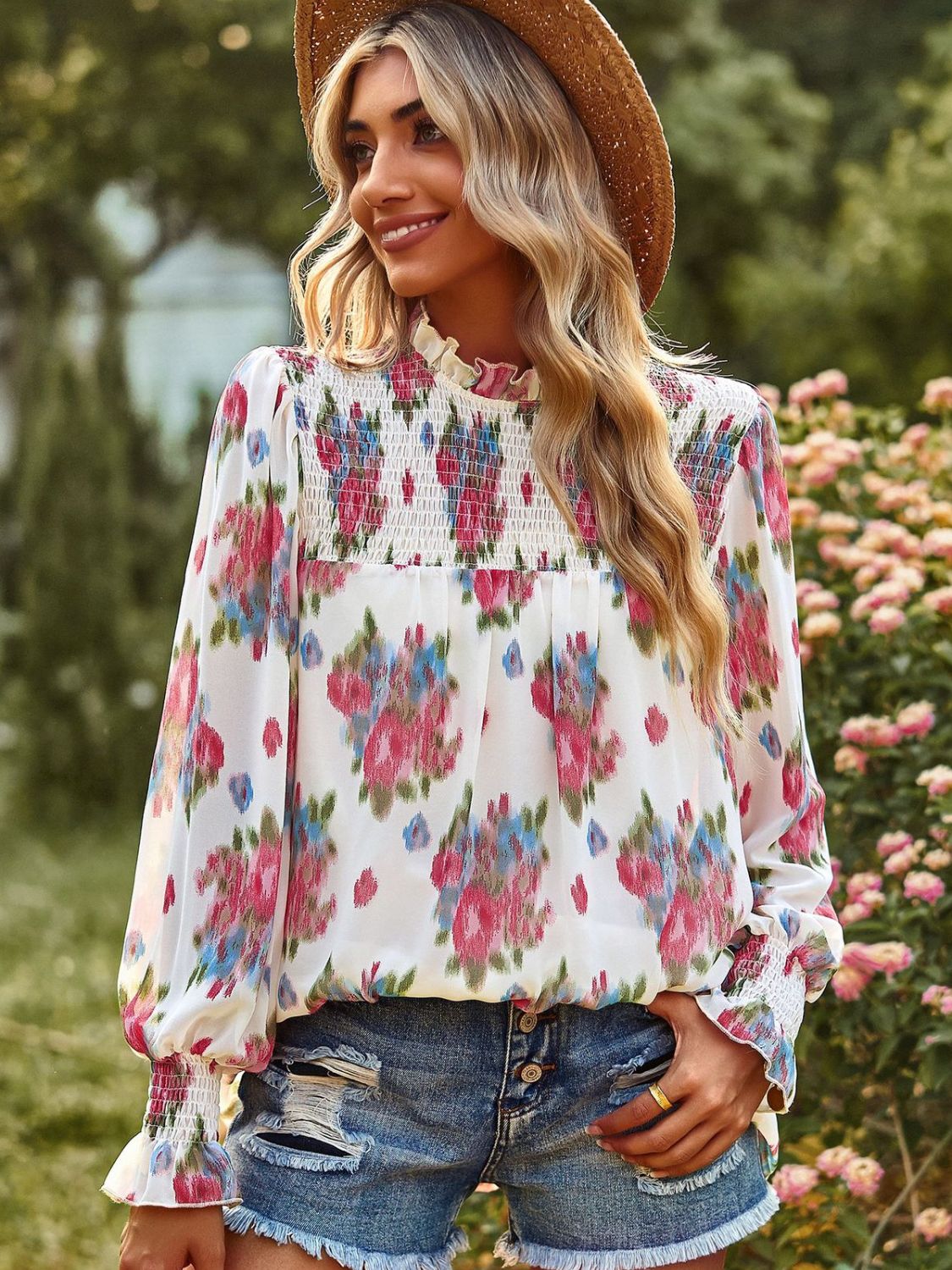 Floral Smocked Lantern Sleeve Blouse