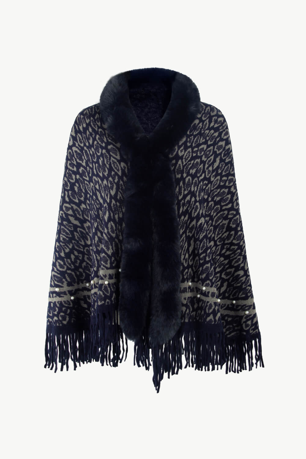 Leopard Faux Fur Trim Fringe Hem Poncho