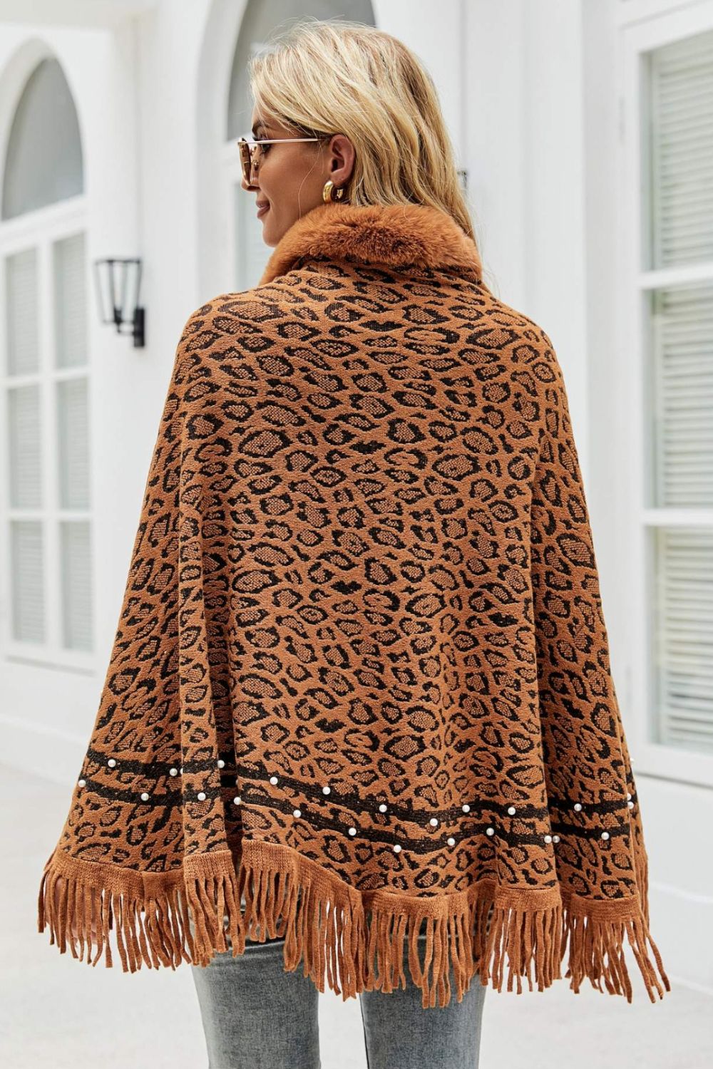 Leopard Faux Fur Trim Fringe Hem Poncho