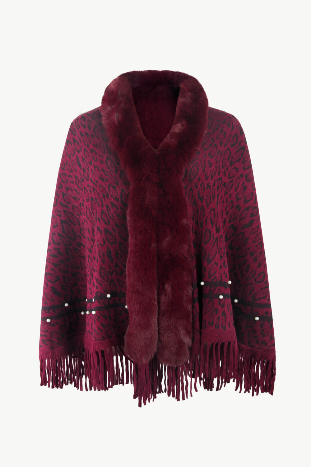 Leopard Faux Fur Trim Fringe Hem Poncho