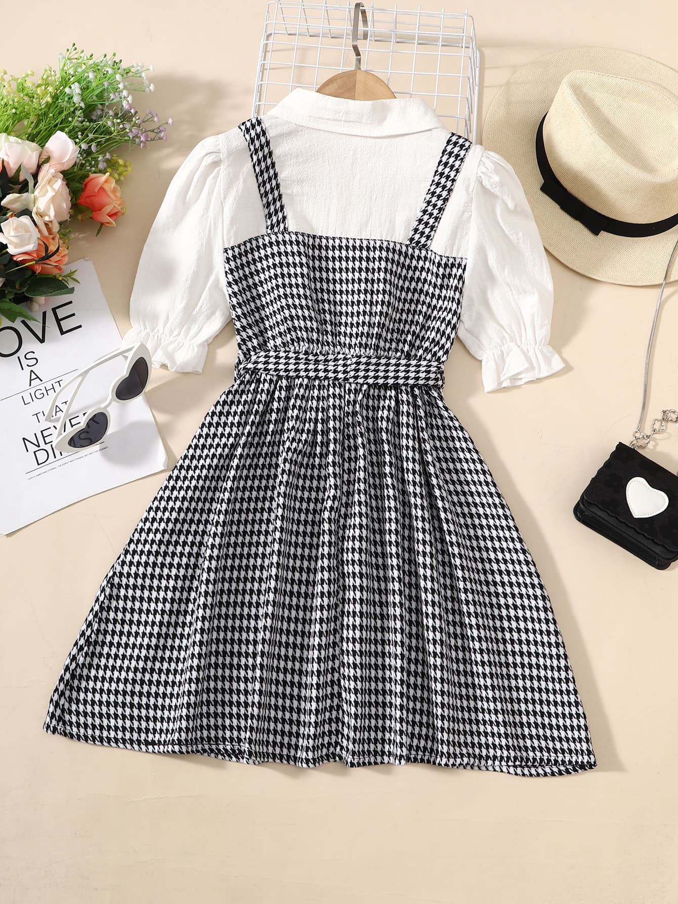 Girls Houndstooth Faux Layered Puff Sleeve Dress