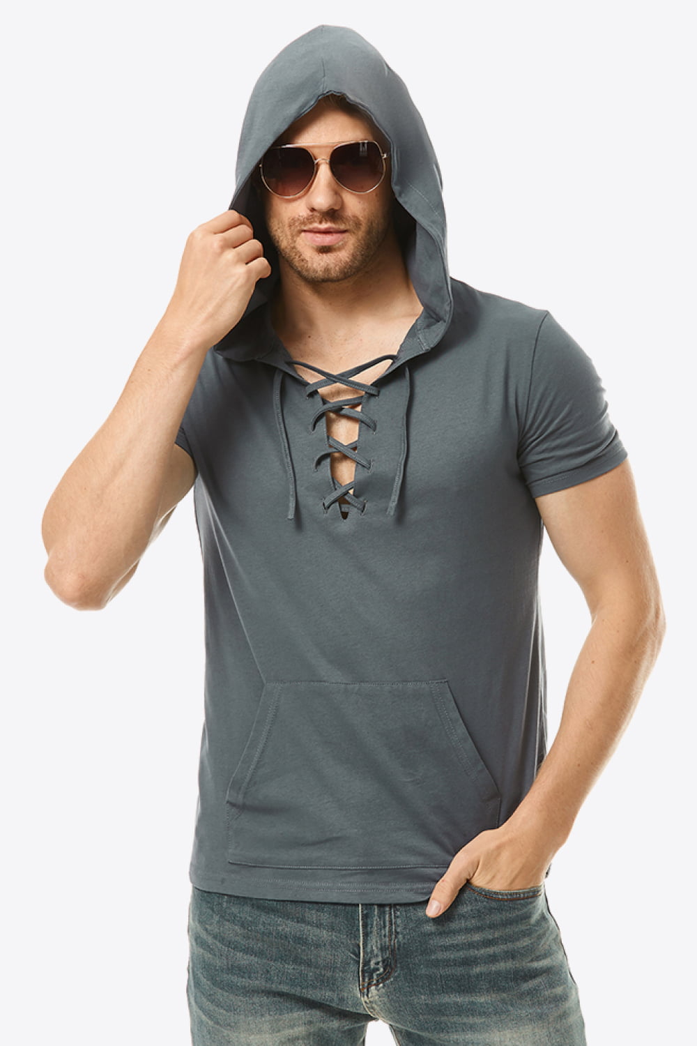 Lace-Up Short Sleeve Hoodie