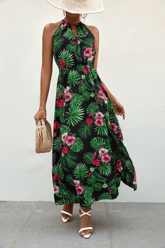 Botanical Print Sleeveless Split Maxi Dress