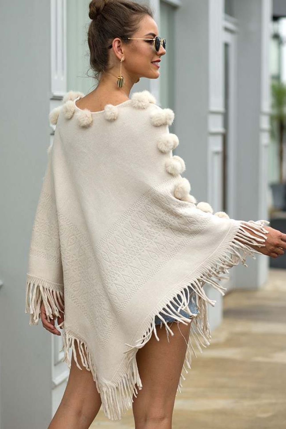 Pompom Trim Boat Neck Fringe Hem Poncho