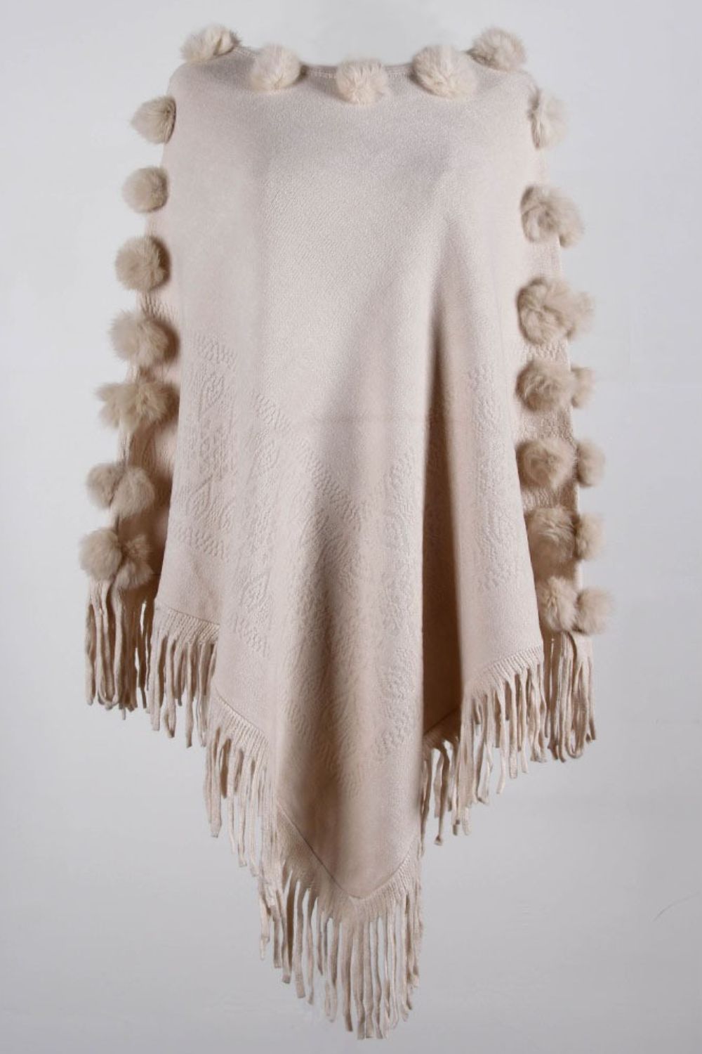 Pompom Trim Boat Neck Fringe Hem Poncho