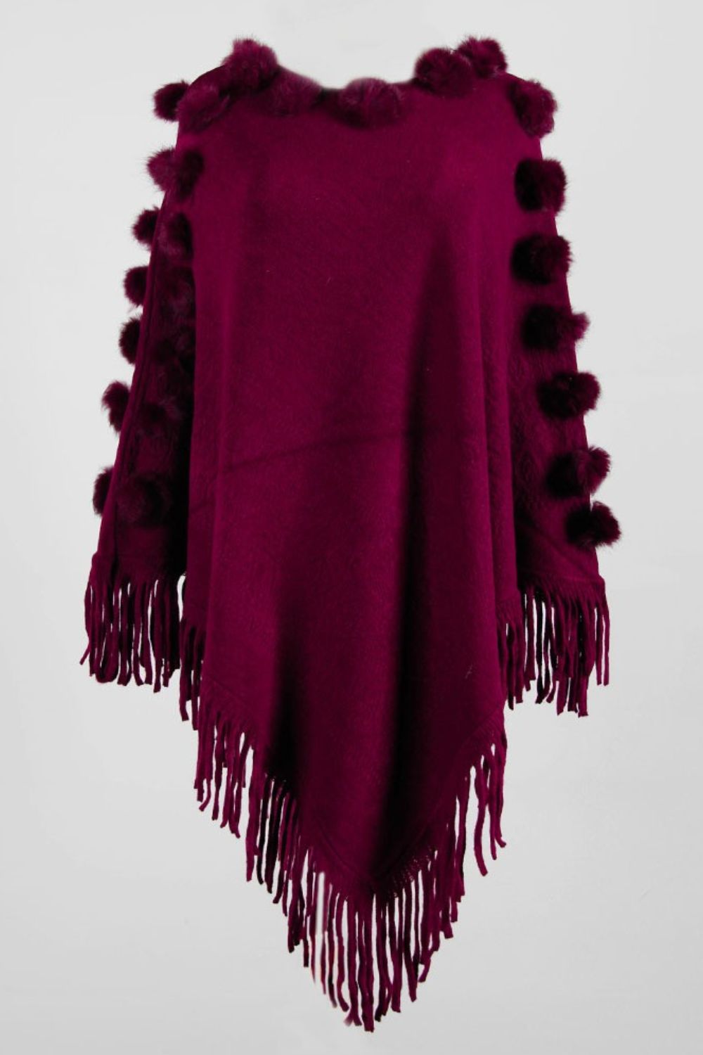 Pompom Trim Boat Neck Fringe Hem Poncho