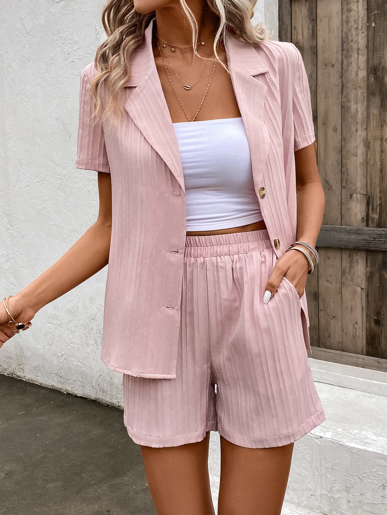 Short Sleeve Blazer and Shorts Set with Pockets