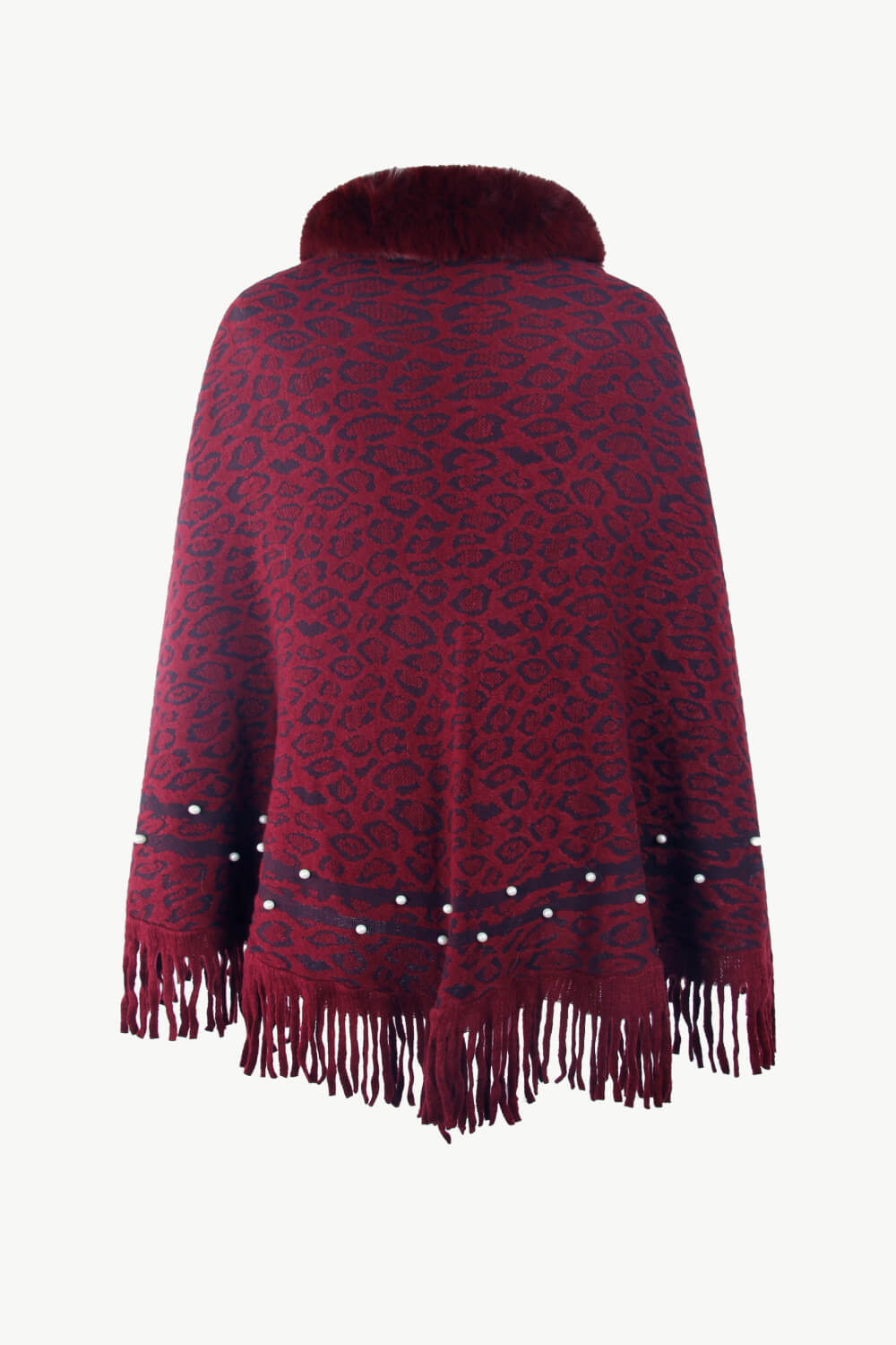 Leopard Faux Fur Trim Fringe Hem Poncho