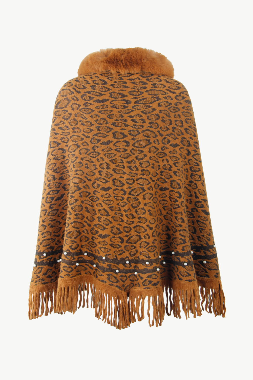 Leopard Faux Fur Trim Fringe Hem Poncho