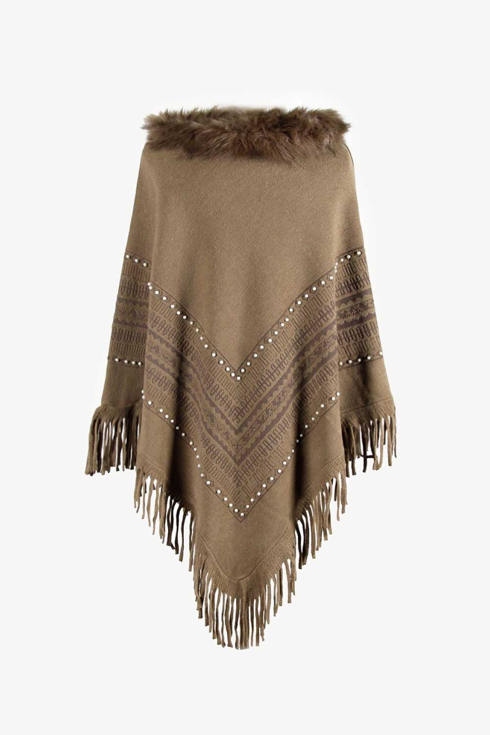 Faux Fur Trim Bead Fringe Hem Poncho