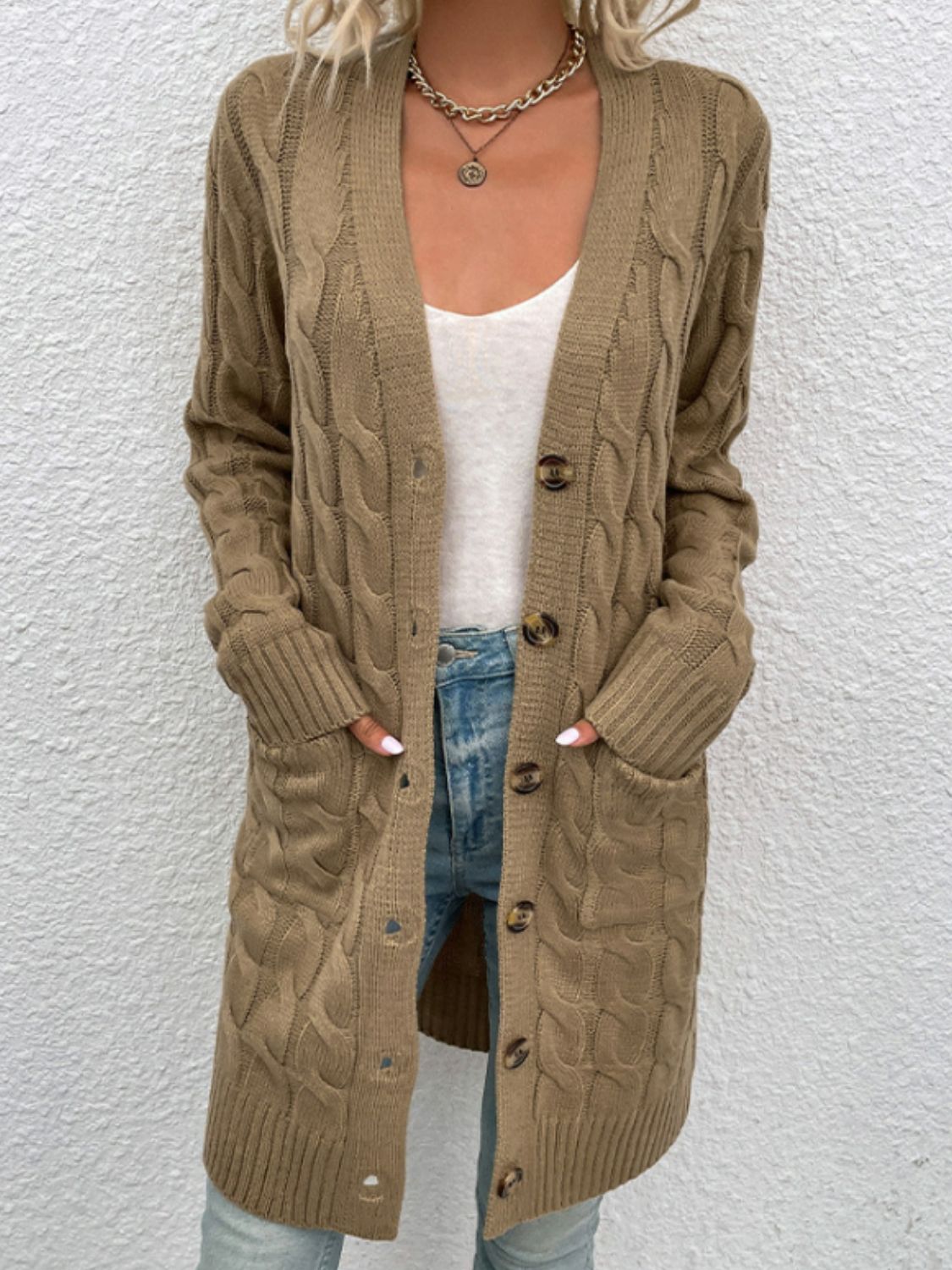 Cable-Knit Button Down Longline Cardigan with Pockets