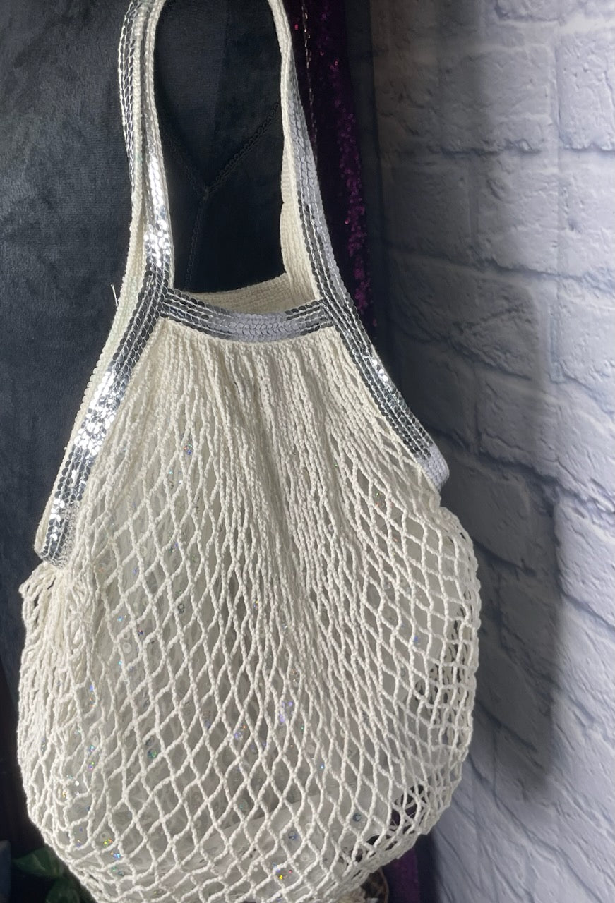 Bijoux Terner White Fishnet Bag with silver Sequin Trimming