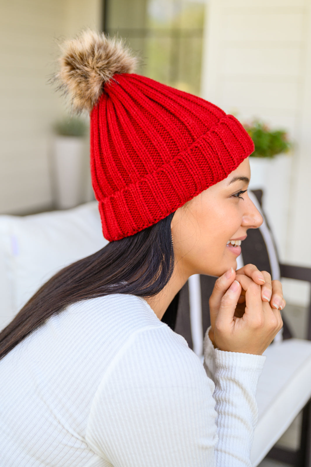 Rib Knit Beanie With Detachable Pom Pom In Wine