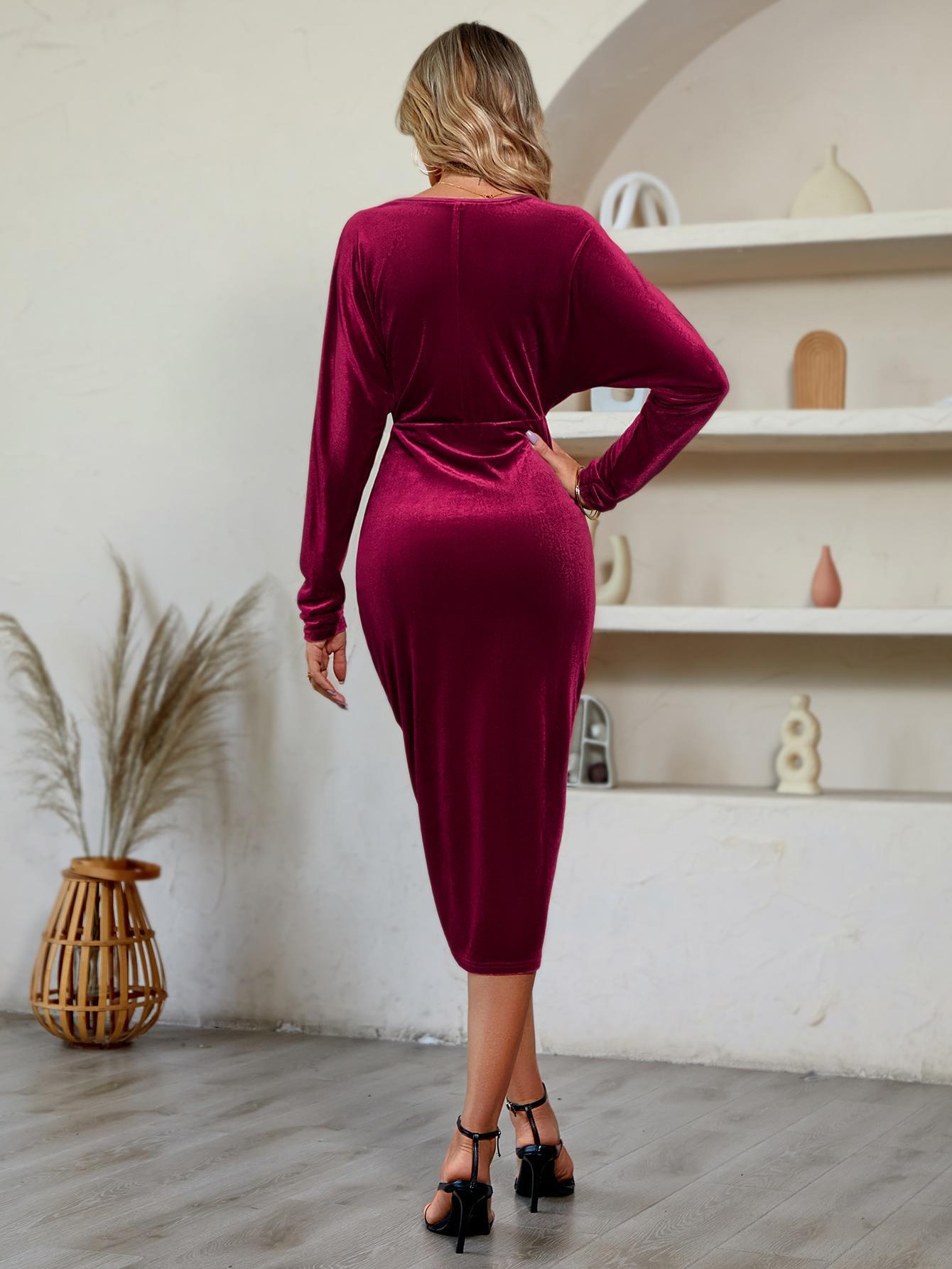 V-Neck Long Sleeve Tulip Hem Dress