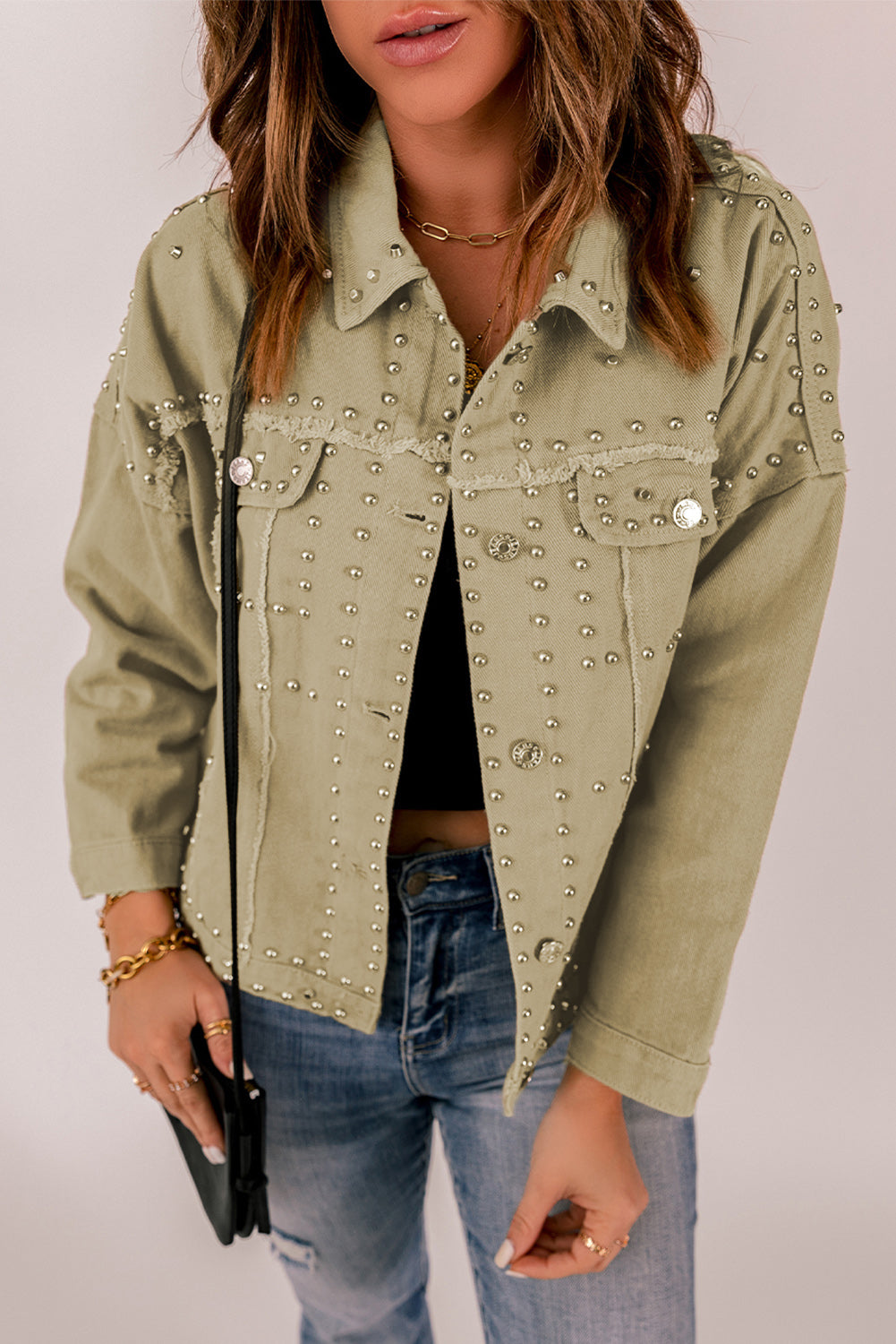 Frayed Trim Rivet Denim Jacket’s