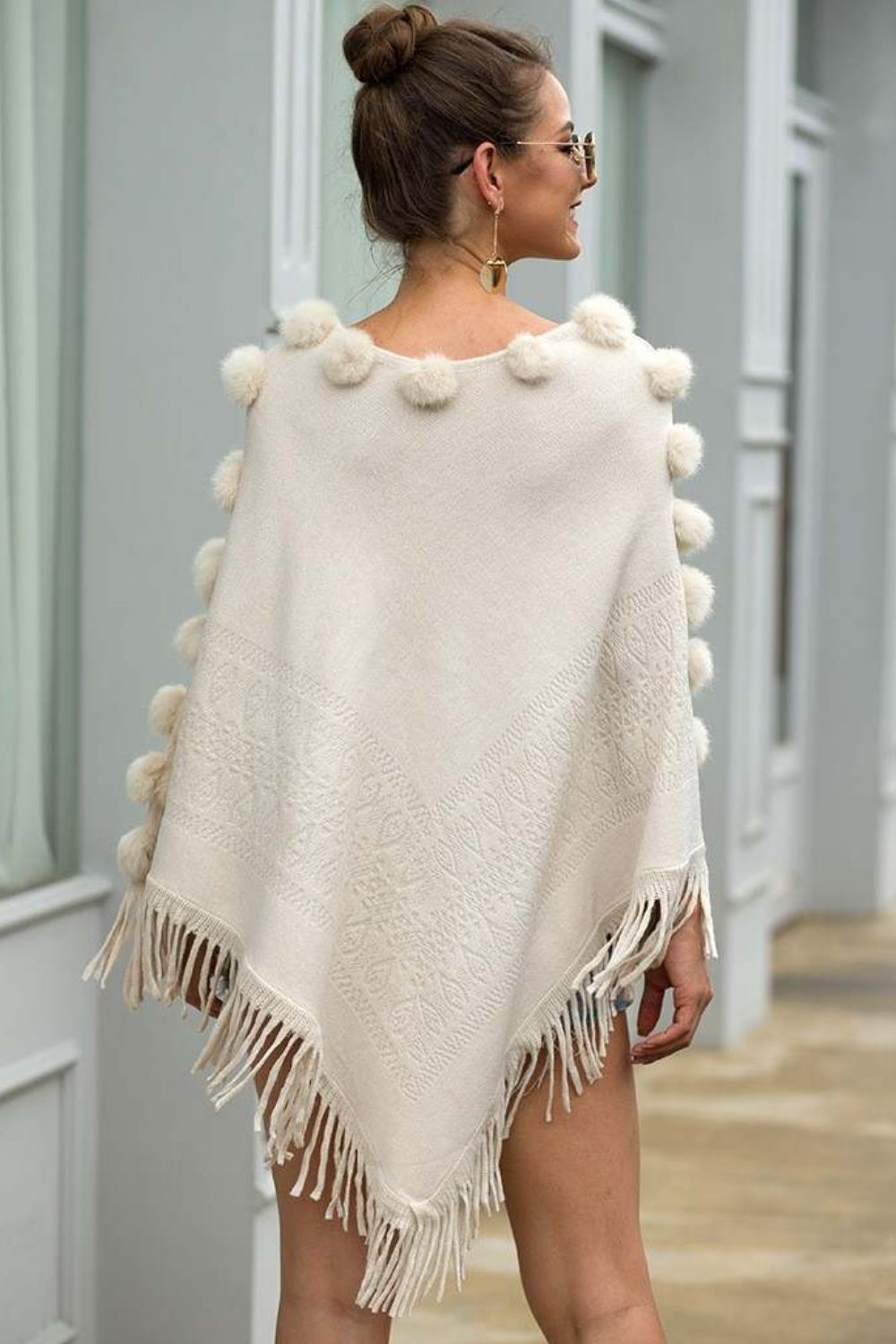 Pompom Trim Boat Neck Fringe Hem Poncho