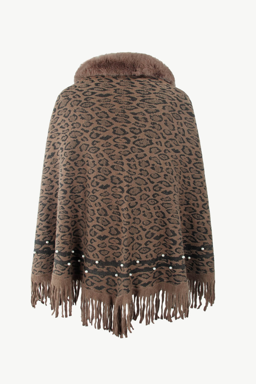 Leopard Faux Fur Trim Fringe Hem Poncho