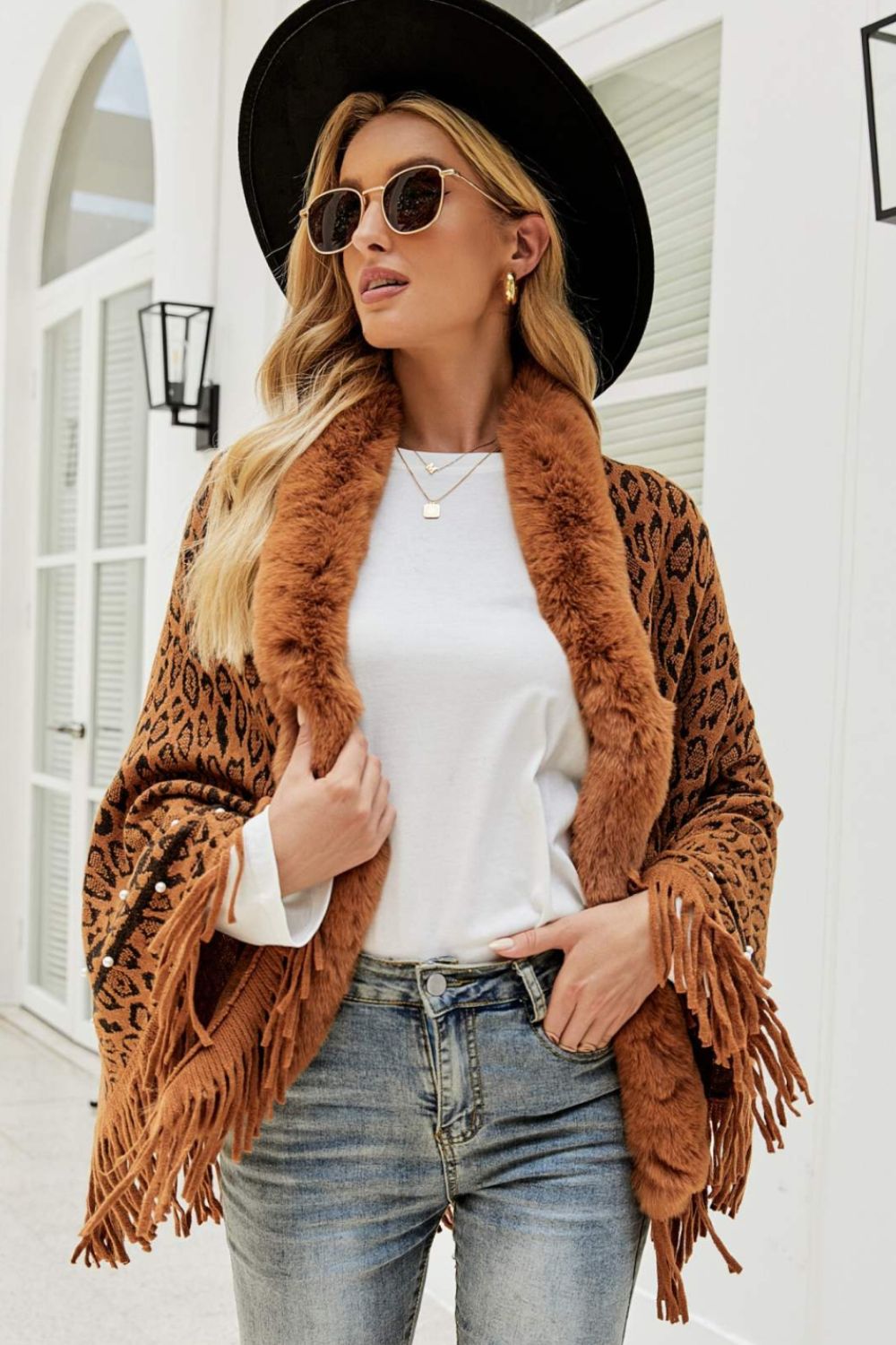 Leopard Faux Fur Trim Fringe Hem Poncho