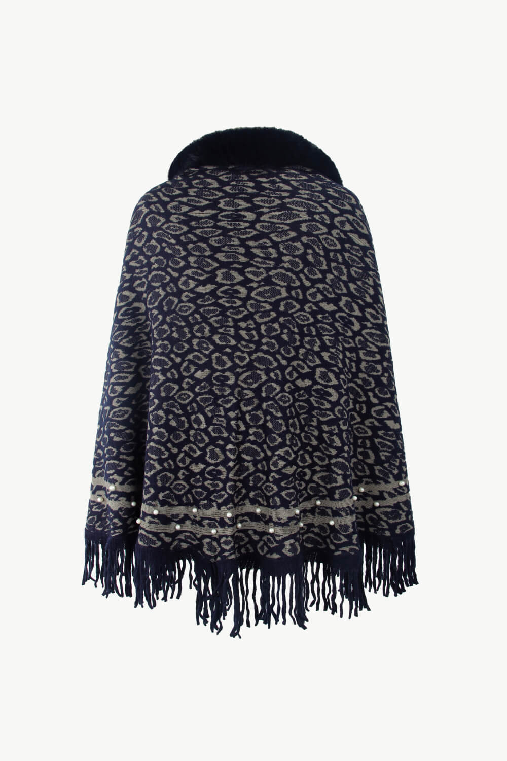 Leopard Faux Fur Trim Fringe Hem Poncho