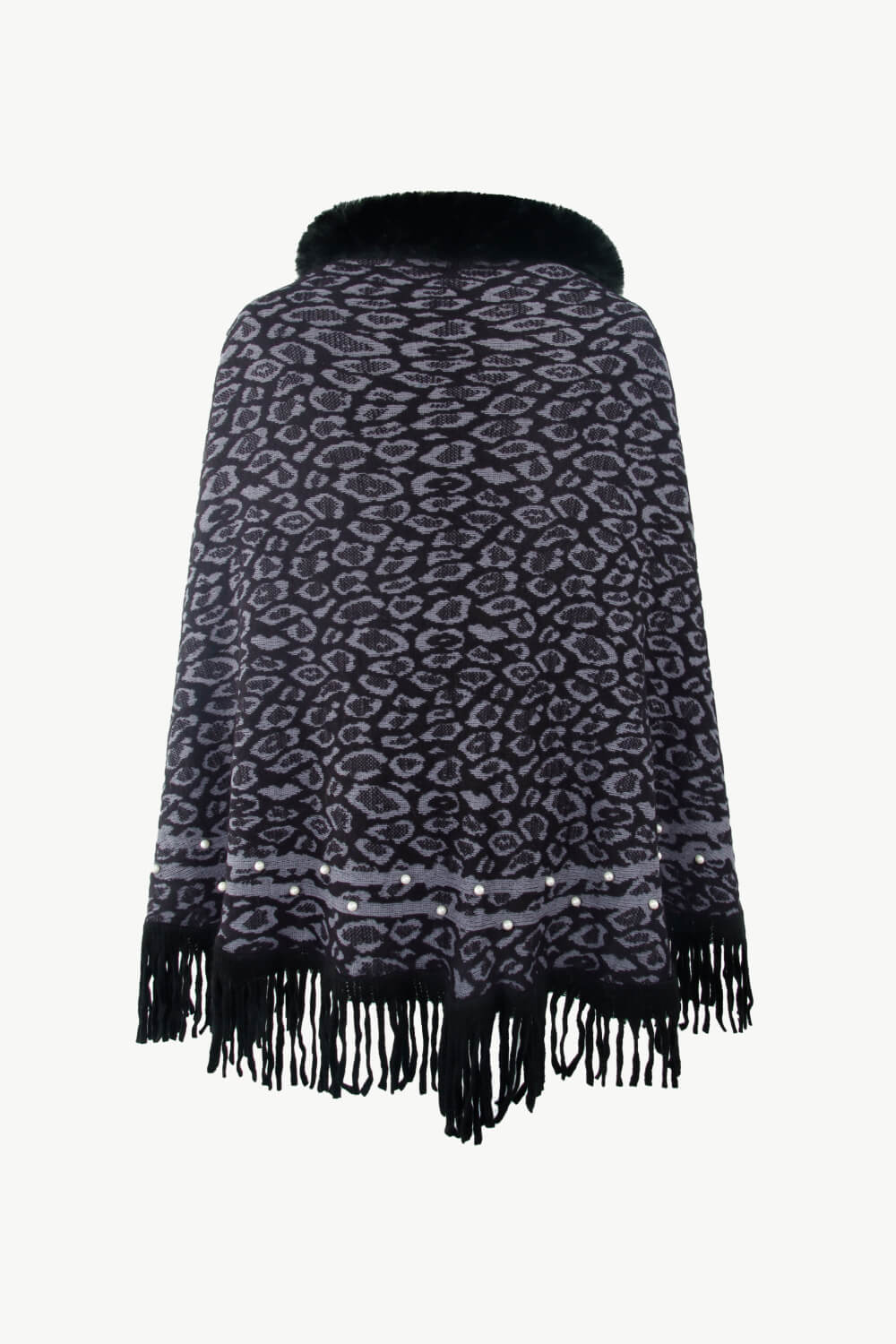 Leopard Faux Fur Trim Fringe Hem Poncho